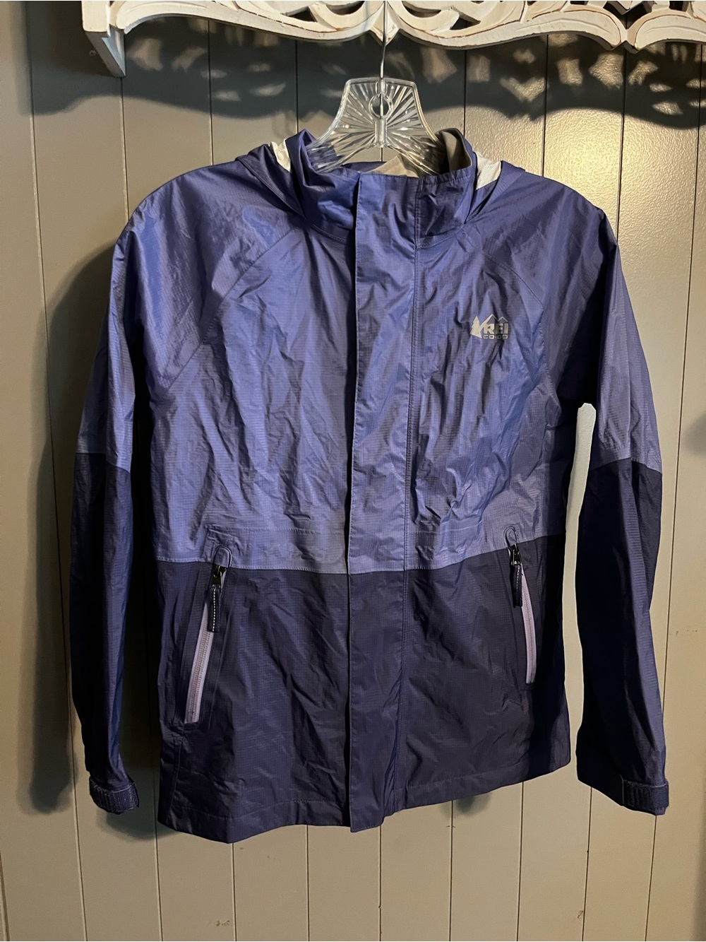 REI girls two tone purple rain jacket